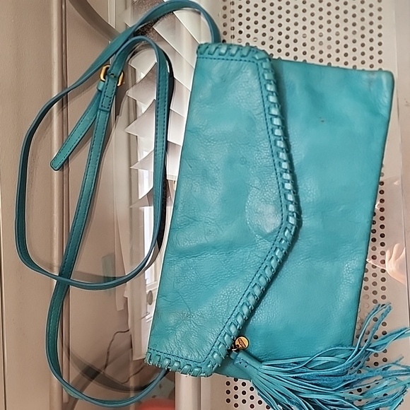 HOBO Handbags - HOBO International Turquoise Leather Crossbody Boho Whipstitch Tassel Bag